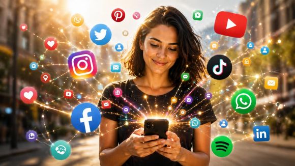 Junge Frau schaut entspannt auf Ihr Smartphone während Social Media Icons wie Instagram, Facebook, YouTube, TikTok und WhatsApp um sie herum schweben