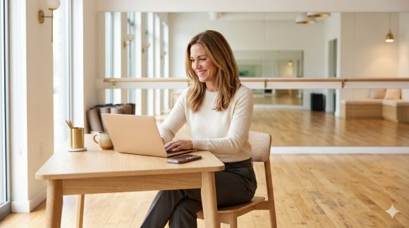 Studio-Inhaberin sitzt mit Laptop an einem Schreibtisch in einer hellen Tanzschule mit Spiegeln und Ballettstange im Hintergrund