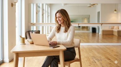 Studio-Inhaberin sitzt mit Laptop an einem Schreibtisch in einer hellen Tanzschule mit Spiegeln und Ballettstange im Hintergrund