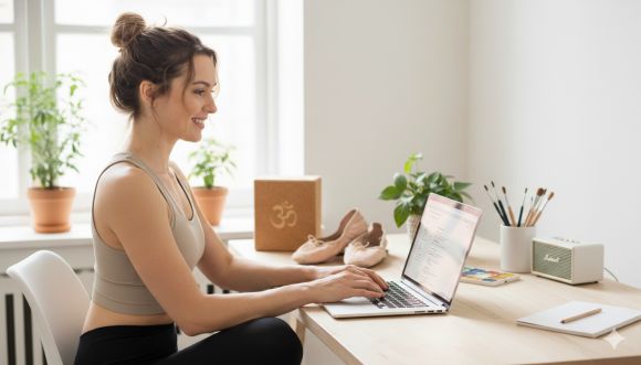 Auf Frau sitzt vor ihrem Notebook und beantwortet freudig Ihre Kursanfragen